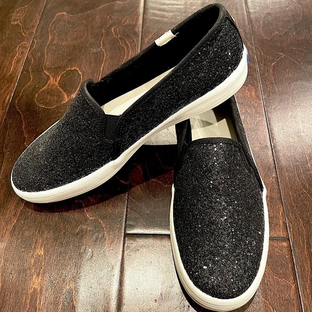 KATE SPADE x KEDS: Double Decker Black Glitter Slip-on Sneaker. Size 7.5.